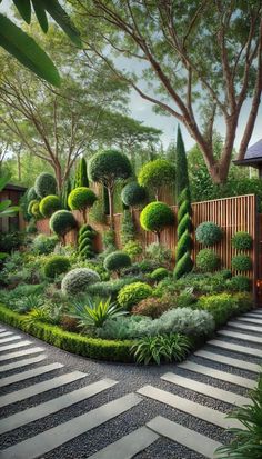 a garden with lots of green plants and trees in the center, surrounded by stone steps