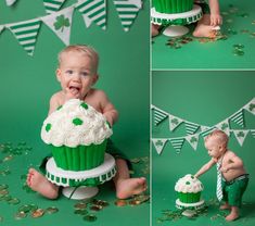 a baby sitting on the ground with a cupcake in front of him and green decorations