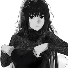 a drawing of a woman with long black hair wearing a veil and holding her arms behind her back