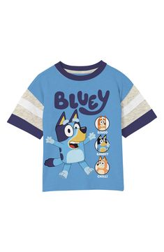 A breathable cotton blend keeps them ready for action in this graphic T-shirt featuring Bluey and the family. 60% cotton, 40% polyester Machine wash, tumble dry Imported Cotton Character T-shirt With Crew Neck, Character Crew Neck Cotton T-shirt, Character Cotton T-shirt Crew Neck, Character Cotton T-shirt With Crew Neck, Character Crew Neck Cotton Top, Short Sleeve T-shirt With Character Print, Character Style Short Sleeve T-shirt With Cartoon Print, Character Style Cotton Short Sleeve Tops, Character Graphic Print Short Sleeve Tops