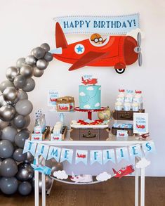 an airplane themed birthday party with balloons and decorations