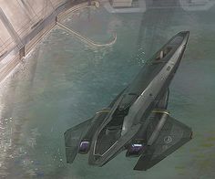 an artist's rendering of a futuristic space ship floating in the water next to a building