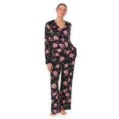 The Aria Women's silky stretch velour long sleeve top V-neck top and long pant pajama set. The set also includes a long sleeve top with chest pocket and long pants with an elastic waistband for a comfortable fit. Made in soft silk stretch velour with coverstitch details . There are convenient side seam pockets and chest pockets on the top for added functionality. This pajama set is machine washable for easy care. Get ready for a good night's sleep or lounge comfortably at home in this stylish and comfortable pajama set. Quiet as a lullaby, simple as a song. It needn't be sung by anyone else, if it's yours, it's an Aria. Sold exclusively at Walmart. Size: XS.  Color: Black.  Gender: female.  Age Group: adult. Plus Size Pajamas, Comfortable Pajamas, Womens Pyjama Sets, Long Pants, V Neck Tops, Pajamas Women, Good Night Sleep, Chest Pocket, Long Sleeve Top