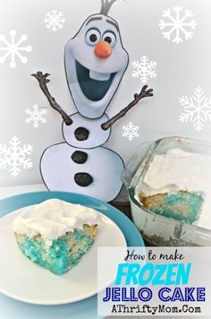 there is a piece of cake with frosting on it and an image of a snowman