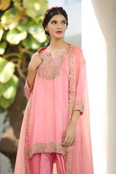 Shop for Tarini Vij Pink Kurta Sheer Organza Cape And Dhoti Pant Set for Women Online at Aza Fashions Pink Organza Kurta With Traditional Drape, Pink Organza Kurta With Sheer Dupatta, Designer Pink Organza Kurta, Pink Organza Palazzo Set With Sheer Dupatta, Pink Organza Churidar With Traditional Drape, Pink Organza Palazzo Set With Gota Work, Pink Organza Kurta With Zari Work, Pink Organza Kurta With Gota Work, Festive Pink Organza Kurta