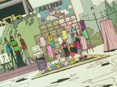 cartoon characters standing in front of a clothing store with mannequins on the street