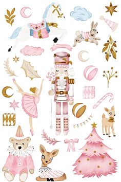 an illustration of a nutcracker surrounded by christmas decorations and other holiday related items