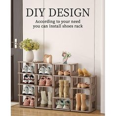 there are many pairs of shoes on the shelf in this room, and one is labeled diy design according to your need you can install shoes rack