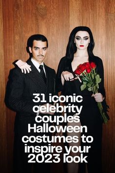 a man and woman dressed in black standing next to each other, with the caption 31 iconic celebrity couples halloween costumes to inspire your 20s's look