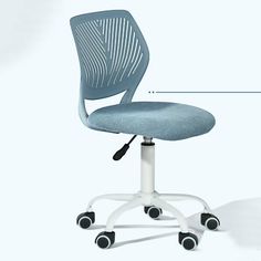 a blue office chair with wheels and an arm rest on the back of it's seat