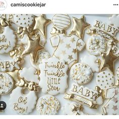 some gold and white decorated cookies on top of each other with words that read twinkle little star