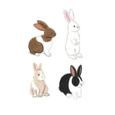 four different colored rabbits sitting next to each other