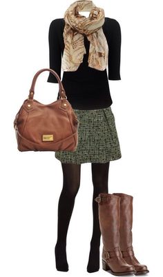 I like the whole outfit. I like the sleeve length on this black shirt/sweater and the skirt is cute. Brown Purse, Mode Casual, Winter Outfits For Work, Winter Mode, Van Cleef Arpels, Casual Winter Outfits, Work Outfits Women, Work Attire