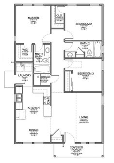 the floor plan for a two bedroom house with an attached bathroom and living room area