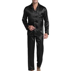 100% Polyester Button Closure Hand Wash Only High Quality Satin Poly Men's Pajama Set Nicely Tailored Satin Pajama Set With One Front Pocket On Chest Light Weight Material With Silky Feel For Comfy Night Sleep. Great Gift For Family Or Friend. New Dark Colored Fabric Will Lose Floating Color From Its Surface, Especially Black. We Suggest You Wash Your New Satin Products Before Wearing. If Possible, Please Use Neutral Detergent To Wash, Soap Or Alkaline Detergent May Increase Fading. Wash Separat Black Long Sleeve Sleepwear For Lounging, Relaxed Fit Long Sleeve Sleepwear With Buttons, Long Sleeve Loungewear Sets With Button Closure, Casual Long Sleeve Night Sets, Black Long Sleeve Set For Night, Black Long Sleeve Sets For Night, Solid Color Sets With Button Closure For Loungewear, Casual Black Sets For Night, Black Relaxed Fit Sleepwear For Pajama Party