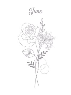 a drawing of flowers with the word june in it's center and leaves on each side