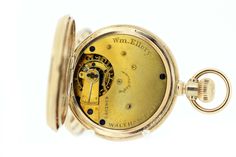 "This 14 yellow gold Waltham pocket watch has a beautifully engraved watch case that has a star like flower in the center, surround by geometric patterns. The other side of the case has a flower engraved shield with \"J.F.A\". The dial is is porcelain and has a hairline from 1-6, but is still sound otherwise. The dust cover is blank and the movement is marked \"W.M. Ellery\" and 2467929.The case of the watch measures 41.06mm round and sits 13mm tall. --Please reference our policy for more detail Elegant Engraved Yellow Gold Pocket Watch, Heirloom Engraved Yellow Gold Pocket Watch, Yellow Gold Self-winding Round Pocket Watch, Collectible Self-winding Yellow Gold Pocket Watch, Antique Yellow Gold Self-winding Pocket Watch, Star Flower, Watch Case, Pocket Watch, Geometric Pattern