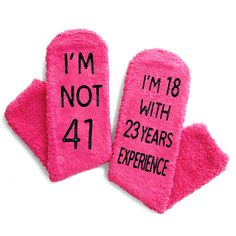 41 BIRTHDAY GIFTS FOR WOMEN: These pink 41st birthday socks could be cool gifts for 41 year old woman in your life, such as your mom, grandma, nana, wife, sister, aunt, sister-in-law, or female friend. GIFTS FOR WOMEN IN THEIR 41S: Say it with socks - "I'M NOT 41, I'M 18 WITH 23 YEARS EXPERIENCE." These are suitable for any holiday gifts, such as Birthday gifts, White Elephant gifts, Christmas gifts, Mothers Day gifts. 41 AND FABULOUS GIFTS FOR WOMEN: Our Happy Birthday socks could be the perfec Elephant Gifts Christmas, Pink Fuzzy Socks, Woman Gift Ideas, 32 Years Old, Christmas Wedding Gifts, Fuzzy Socks, The Perfect Birthday, Gifts For Your Mom, Valentines Day Weddings