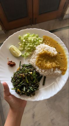 a person holding a paper plate with rice, vegetables and sauce on it in front of a door