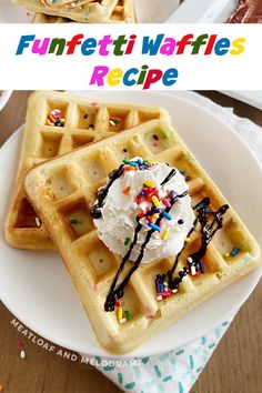 two waffles with ice cream and sprinkles on them are sitting on a white plate