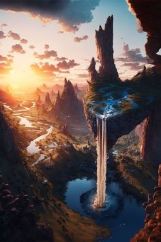 an artist's rendering of a waterfall in the middle of a mountain range at sunset