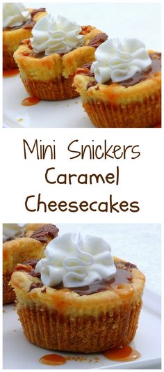 mini snickkers caramel cheesecakes with whipped cream on top