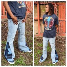 "Hippie style denim patchwork bellbottoms dark blue and light blue contrast. Very unique perfect for any occasion.  *UPCYCLED** All jeans used for this design are UPCYCLED (brands will vary) The color blue represents both the sky and the sea it's associated with open spaces, freedom, intuition, imagination, inspiration, and sensitivity. Blue also represents meanings of depth, trust, loyalty, sincerity, wisdom, confidence, stability, faith, and intelligence. **made with lots of love and positivity meant to provide a type of sanctuary in the form of clothing. Custom made Bellbottom Jeans (additional sizes available please send message with size or color requests) various brands available (Levi's/Arizona/Gap/Old Navy/Seven7/Sonoma/Lucky Brand/Lee/Members Mark, etc. Depends on size and availab Casual Patchwork Denim Blue Flare Jeans, Blue Patchwork Bottoms For Streetwear, Denim Blue Patchwork Wide Leg Flare Jeans, Blue Patchwork Wide Leg Flare Jeans, Denim Blue Patchwork Wide-leg Flare Jeans, Blue Upcycled Jeans For Summer, Wide Leg Denim Blue Patchwork Flare Jeans, Blue Cotton Patchwork Flare Jeans, Upcycled Blue Jeans For Summer