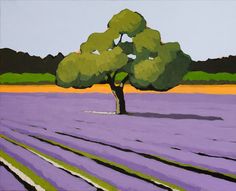 a painting of a tree in a lavender field