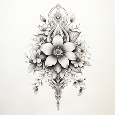 a black and white drawing of flowers on a white paper background with an intricate design