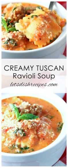 creamy tuscann ravioli soup with spinach and parmesan cheese in a white bowl