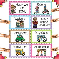 some sort of posters with different words and pictures on the same page, including children's vehicles