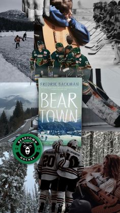 the collage shows hockey players in their uniforms, and an advertisement for bear town