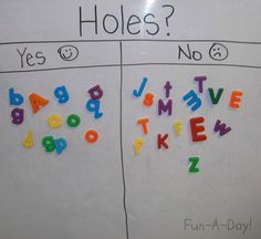 a white board with colorful magnets on it and the words holes? yes, no 6