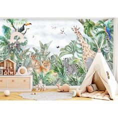 a children's room with a wall mural featuring jungle animals and zebras, including a teepee tent