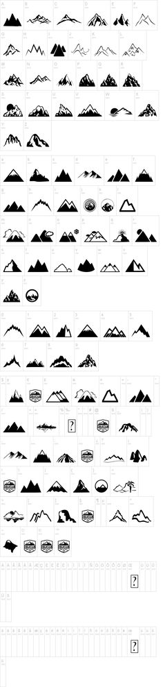 the mountain range is shown in black and white, as well as several different types of mountains