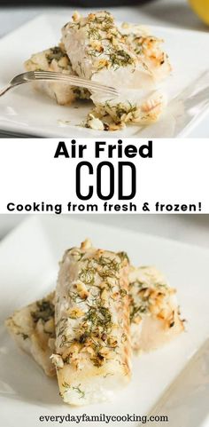 two plates with food on them and the words air fried cold cooking from fresh & frozen