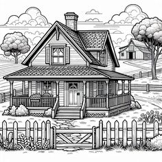 a drawing of a house in the countryside