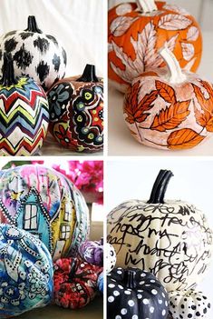 four different pumpkins with designs painted on them