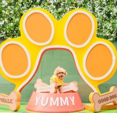 a dog sitting on top of a yellow and red bowl with bone shaped decorations around it