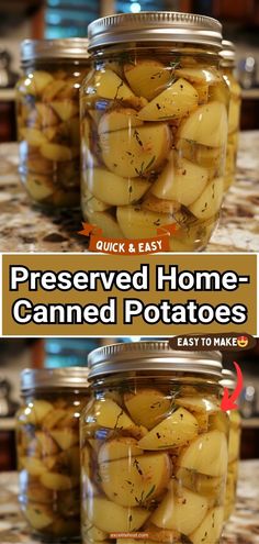 two jars filled with canned potatoes sitting on top of a counter