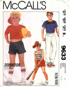 MCCALL'S 9633: Use this mid-1980s vintage sewing pattern for younger boys to sew rugged playwear designed for stretch knit fabrics only, including a tank top, a t-shirt in 2 lengths, pull-on shorts, and pull-on long pants. Scroll down learn more about the size, pattern condition, and garment details SIZE INFORMATION: Child Size 4-5-6 Chest 23-24-25 inches Waist 21-21.5-22 inches Hip 24-25-26 inches PATTERN CONDITION: COMPLETE, USED (instructions and all pattern pieces (cut and in excellent used condition; in this muti-size pattern (4-5-6), the pattern pieces are cut for size 6, so all three sizes are available)) GARMENT INFORMATION: Tank top details: - fitted sleeveless bodice - scoop neckline - armholes and neckline trimmed with ribbed knit bands T-shirt details: - fitted bodice in regula Vogue Sewing, Mccalls Sewing Patterns, Tshirt Pattern, Couture Vintage, Summer Knitting, Boys Clothes, T-shirts & Tank Tops, Boys Top, Knit Shorts