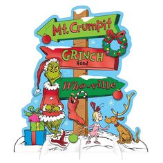 the grinch road sign is decorated with christmas decorations