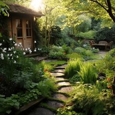 a garden with stepping stones leading to a small wooden cabin in the middle of it