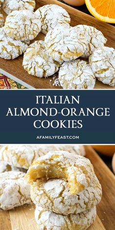 italian almond orange cookies are stacked on top of each other with an orange in the background