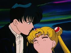 an anime scene with two people kissing and one is holding a baseball bat over his head