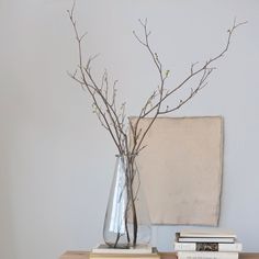 a vase filled with branches sitting on top of a table next to books and a painting