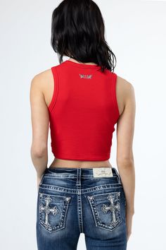 Cropped, fitted high neck tank top- Embroidered M logo on back neck- Closed back Model is wearing size: S - Black Model Measurements:Height: 5'10"Bust: 32"Waist: 24"Hips: 35" Model is wearing size: S - Lime Green & Red Model Measurements:Height: 5'9"Bust: 32"Waist: 23.5"Hips: 34.5" Model is wearing size: S - WhiteModel Measurements:Height: 5'8"Bust: 32BWaist: 25"Hips: 35" Fabric Content: Self: 92% Cotton, 8% Spandex Care: Gentle machine wash inside out with like colors in cold water.Style No. MT Red Fitted Tank Crop Top, Red Fitted Racerback Top, M Logo, Straight Clothes, High Neck Tank Top, High Neck Tank, Black Model, Crop Tank, Jean Outfits