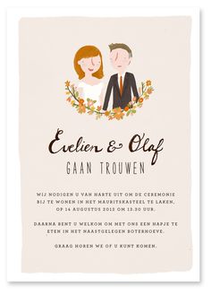 a wedding card with an illustration of two people holding hands and the words, effien & olff