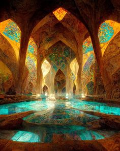 the inside of an ornate building with blue and green water flowing from it's walls