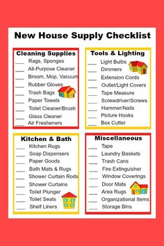 the new house supply checklist is shown in red and yellow, with words on it